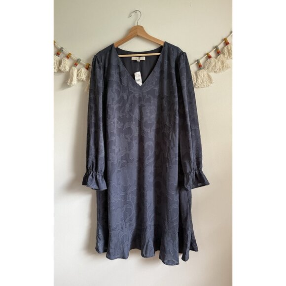 Loft Plus Gray Paisley Ruffle Flowy Aline Midi Dress Whimsigoth Fairy NWT 20 - Picture 1 of 10